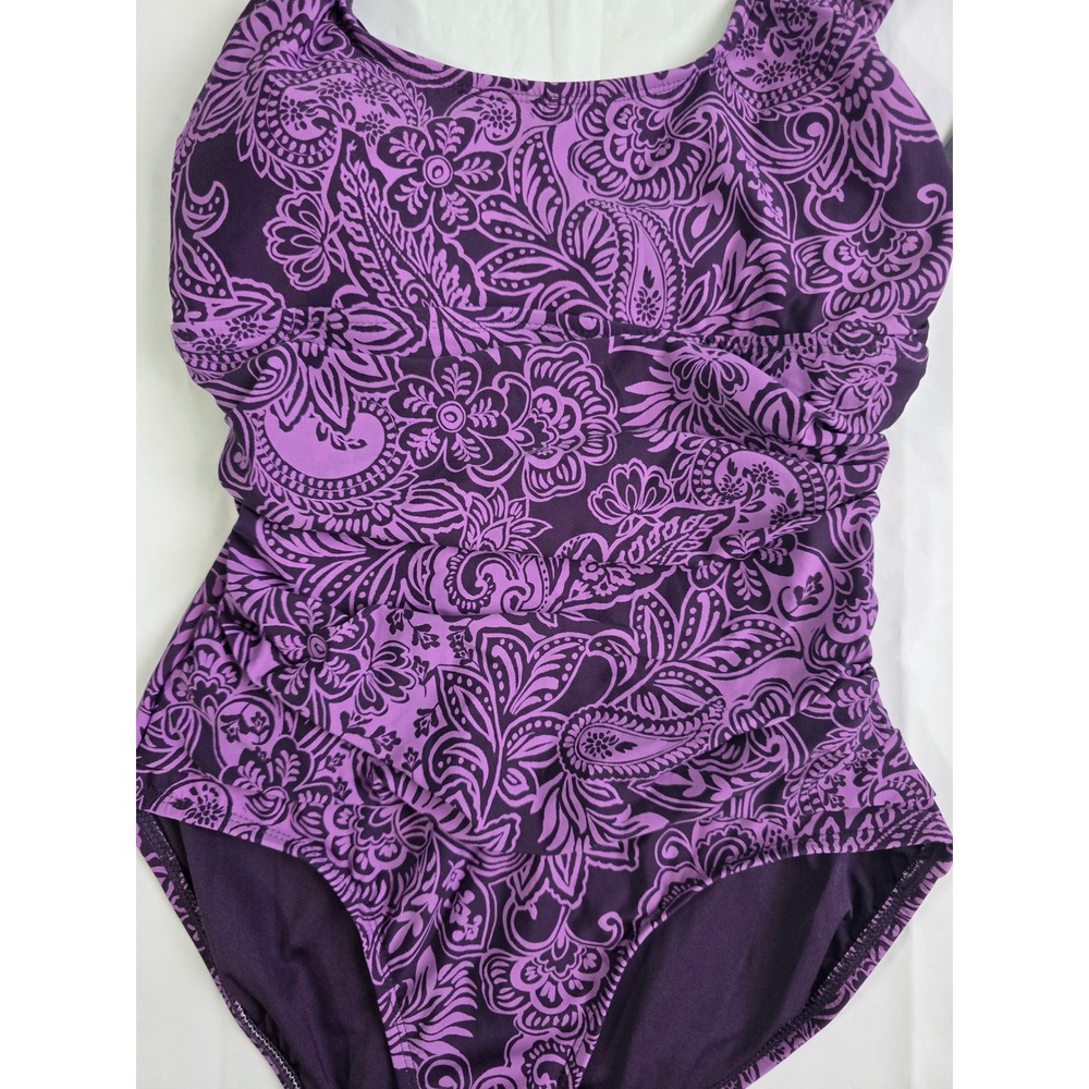 LandsEnd Purple Paisley One Piece Swimsuit UPF50 Ruched Hook Back XS 1956311 NWT - Picture 6 of 16